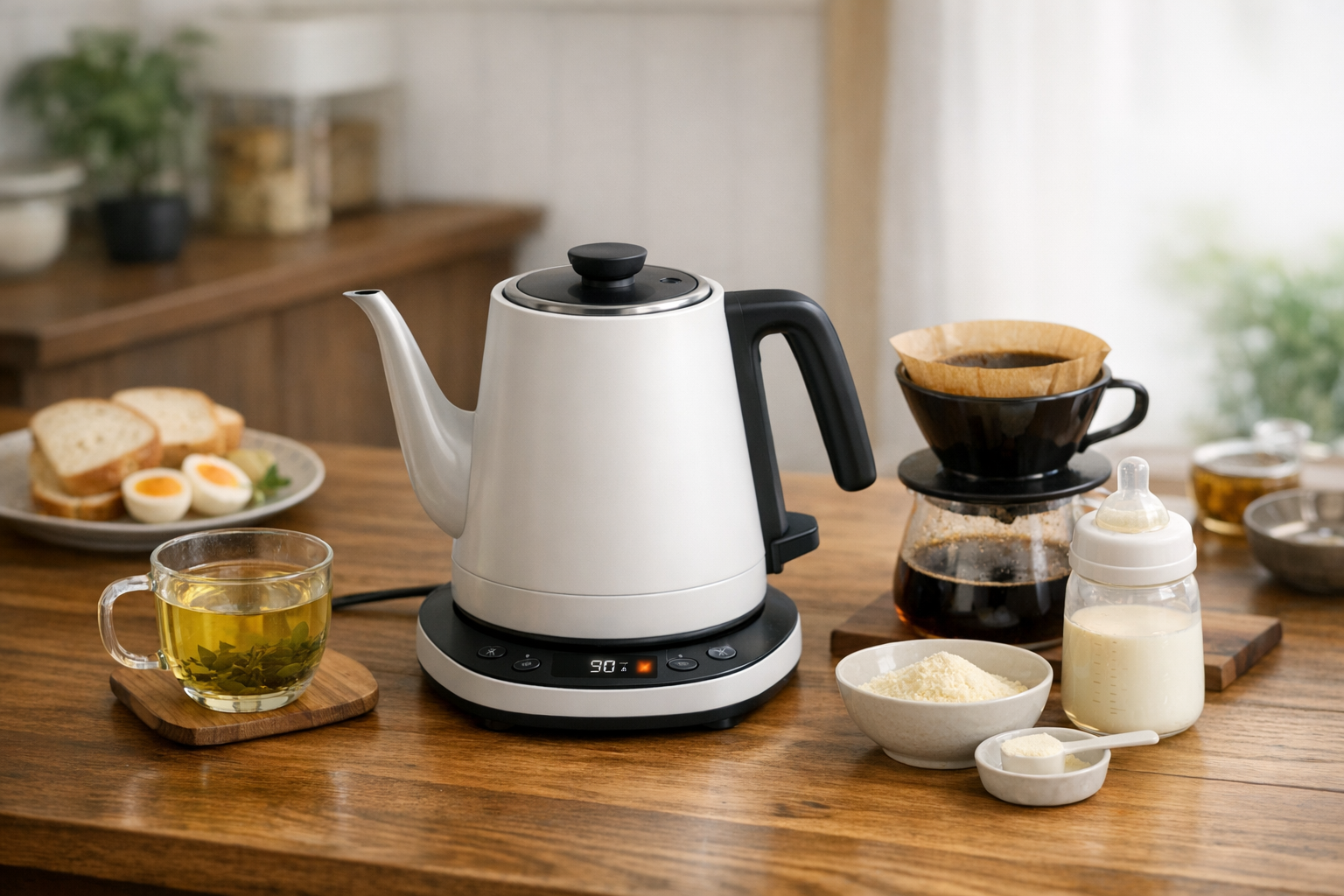 日常の食卓に溶け込むおしゃれな温度調節機能付き電気ケトル