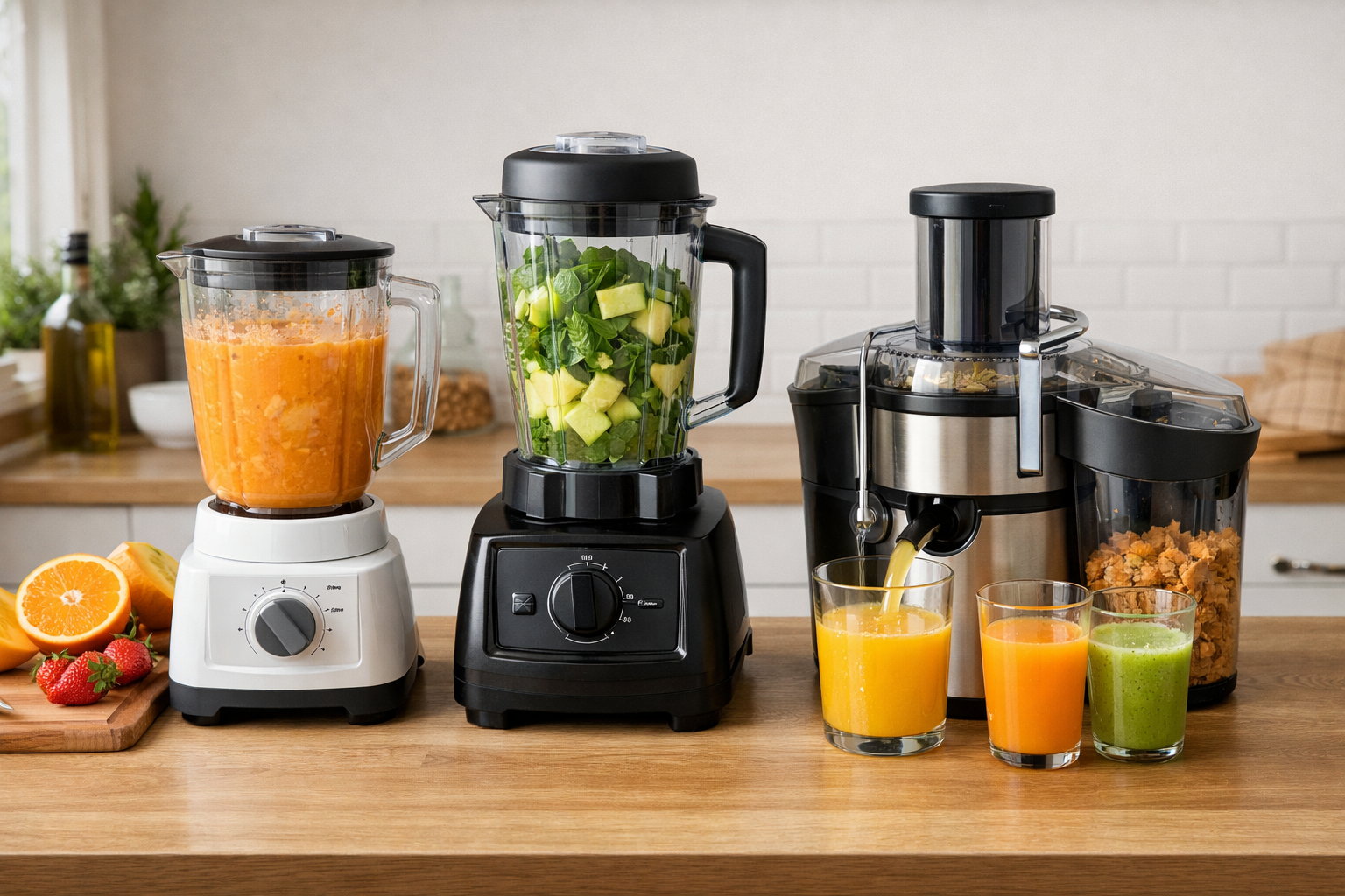 さまざまなタイプのミキサーやジューサーをキッチンで使い分けているイメージ