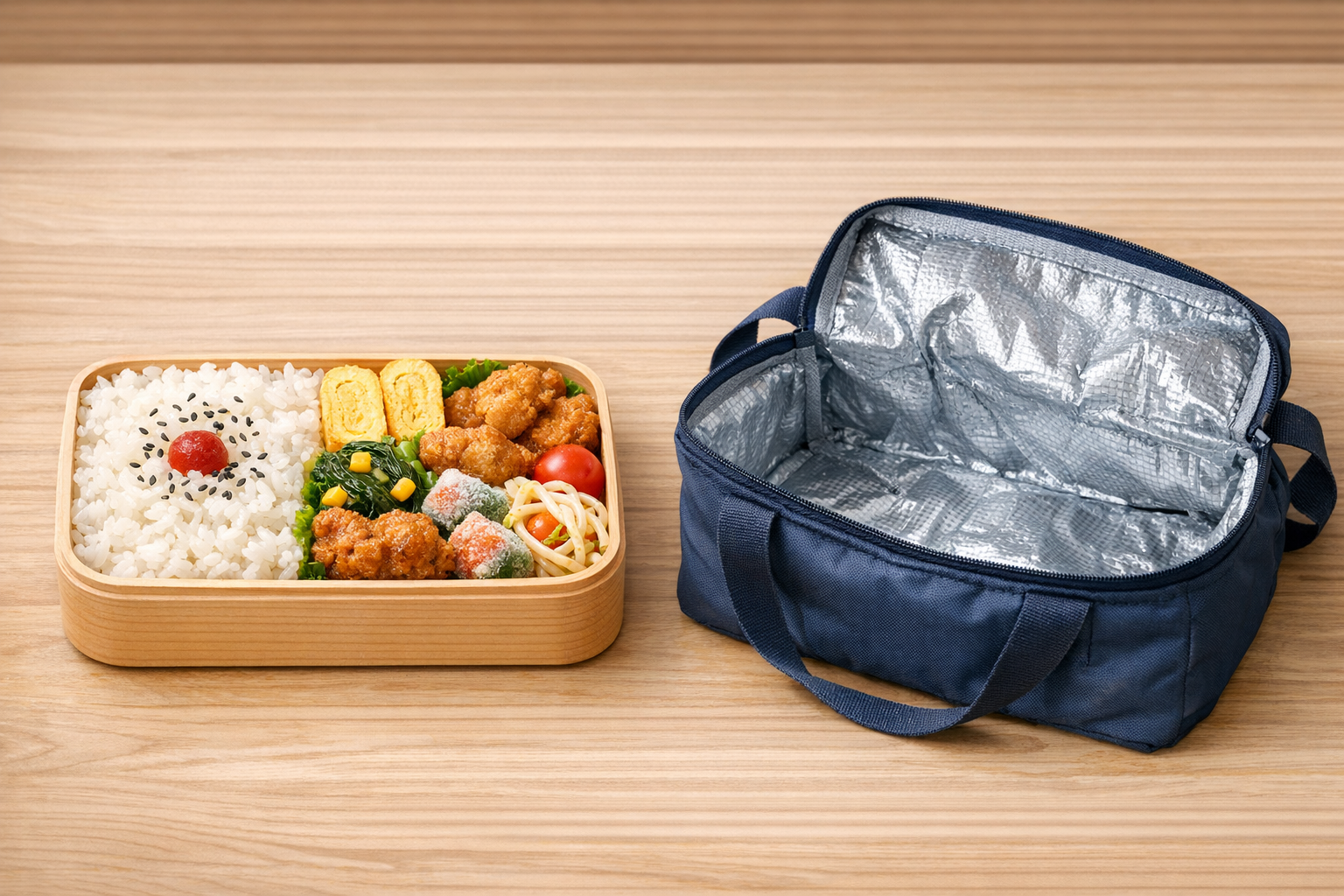 美しく完成したお弁当と、役目を終えた保冷バッグ