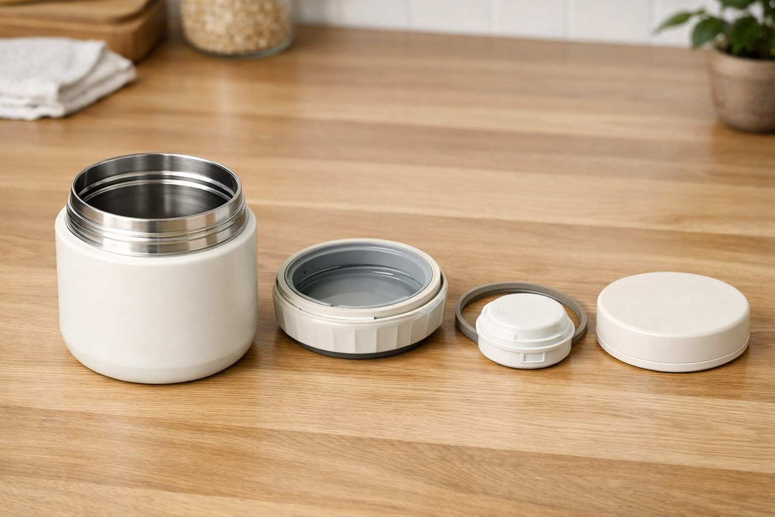 無印良品の「広口で洗いやすい 保温保冷 スープジャー」の本体と蓋の構造