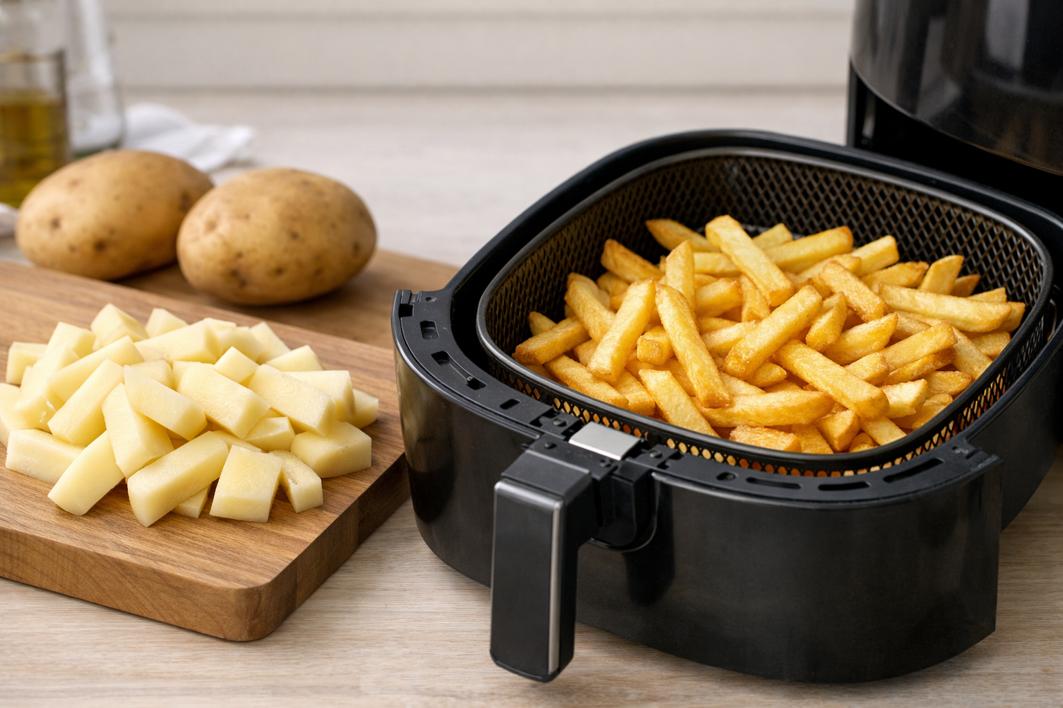 生のじゃがいもをカットしたものと、ノンフライヤーのバスケットに入れられたフライドポテト