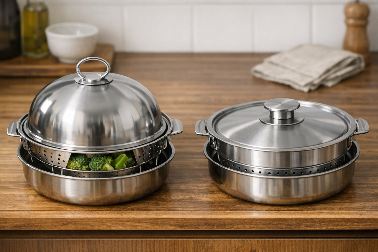 栗原はるみブランドの特徴的なドーム型の蓋を持つ蒸し器と、貝印のシンプルで堅牢な蒸し器の比較