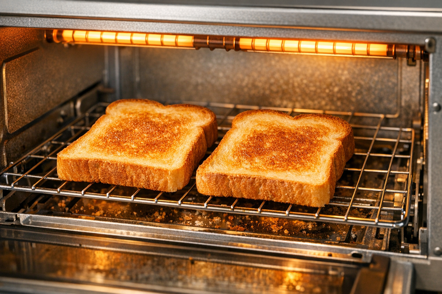 食パンがこんがりと美味しそうに焼き上がっているオーブントースターの庫内