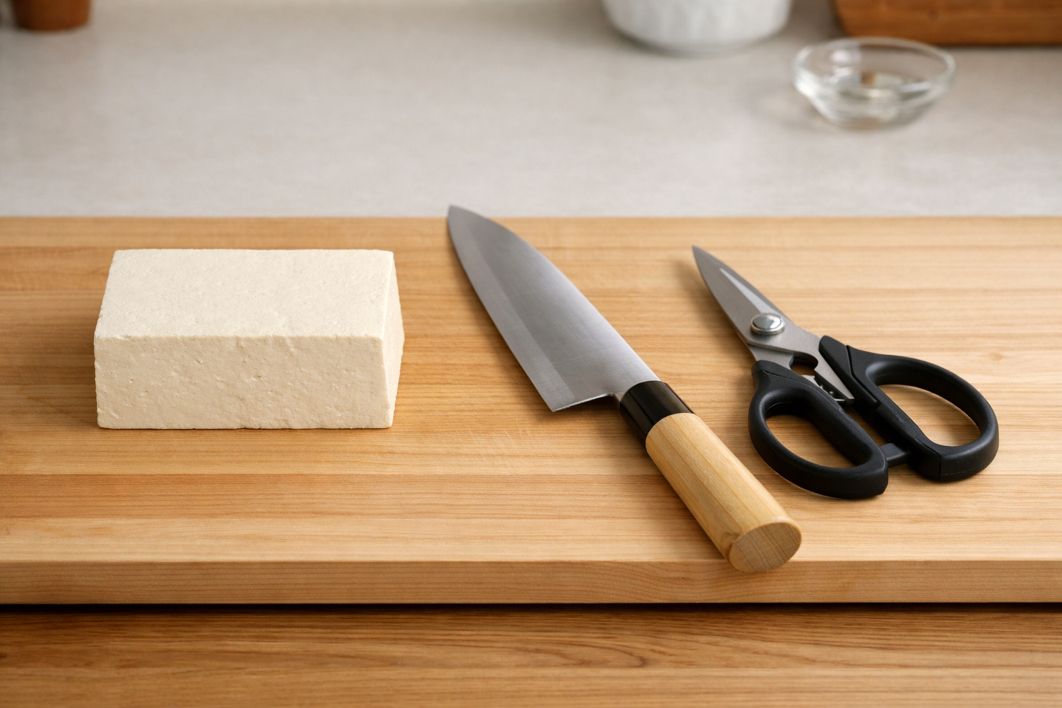 まな板の上に置かれた豆腐一丁と、その横に添えられた和包丁、キッチンバサミ