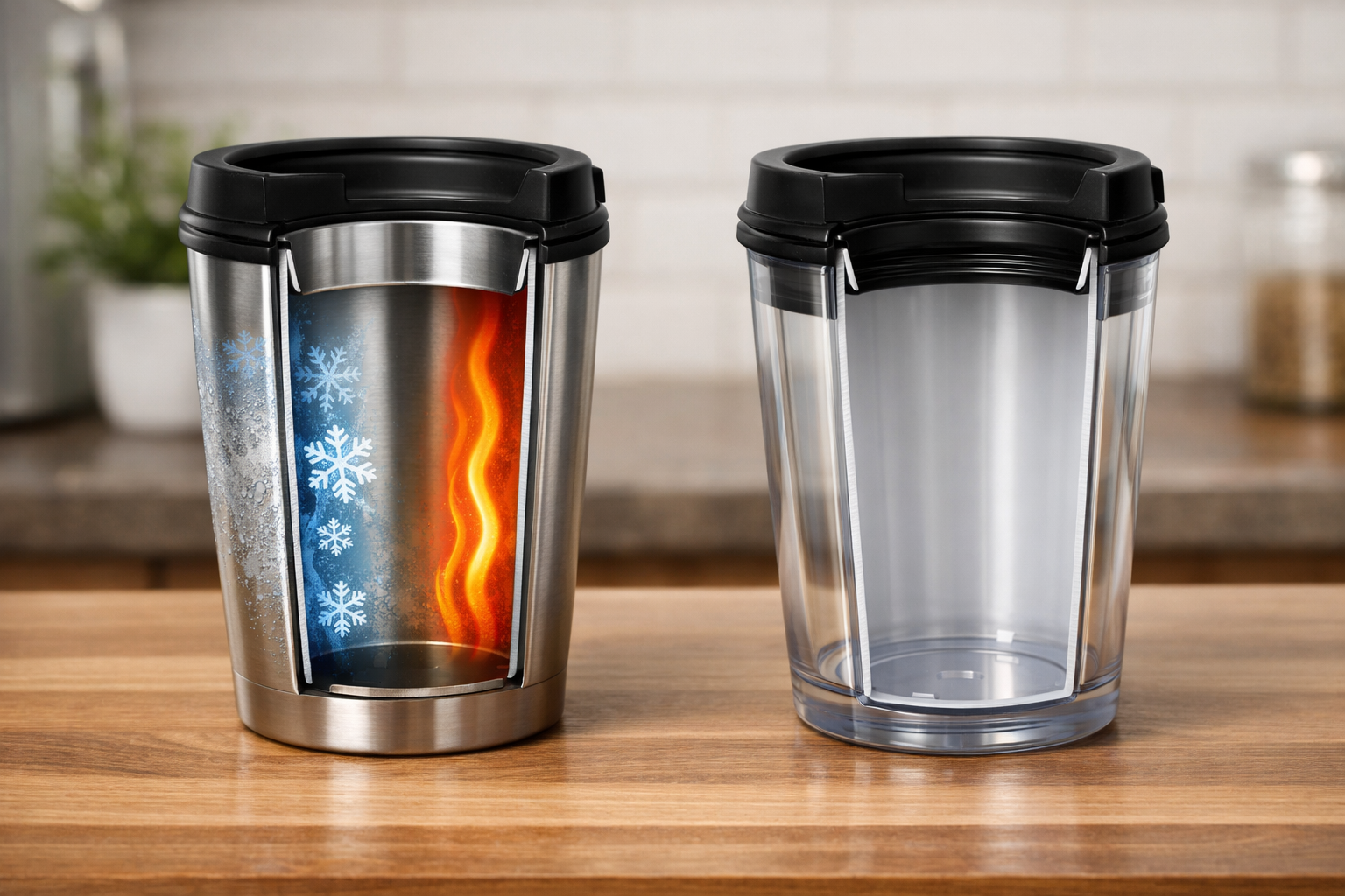 ステンレス製とプラスチック製の断面構造の比較図