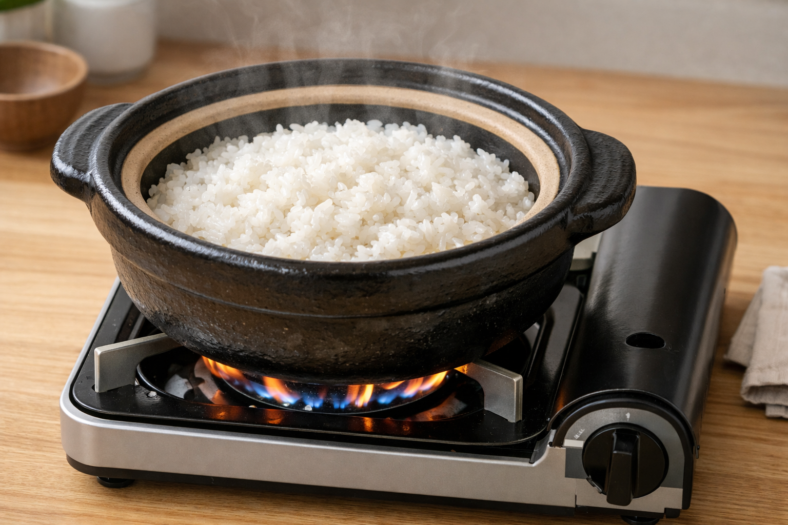 ご飯がふっくらと炊き上がった土鍋の内部の様子と、コンロでの火加減をイメージした写真