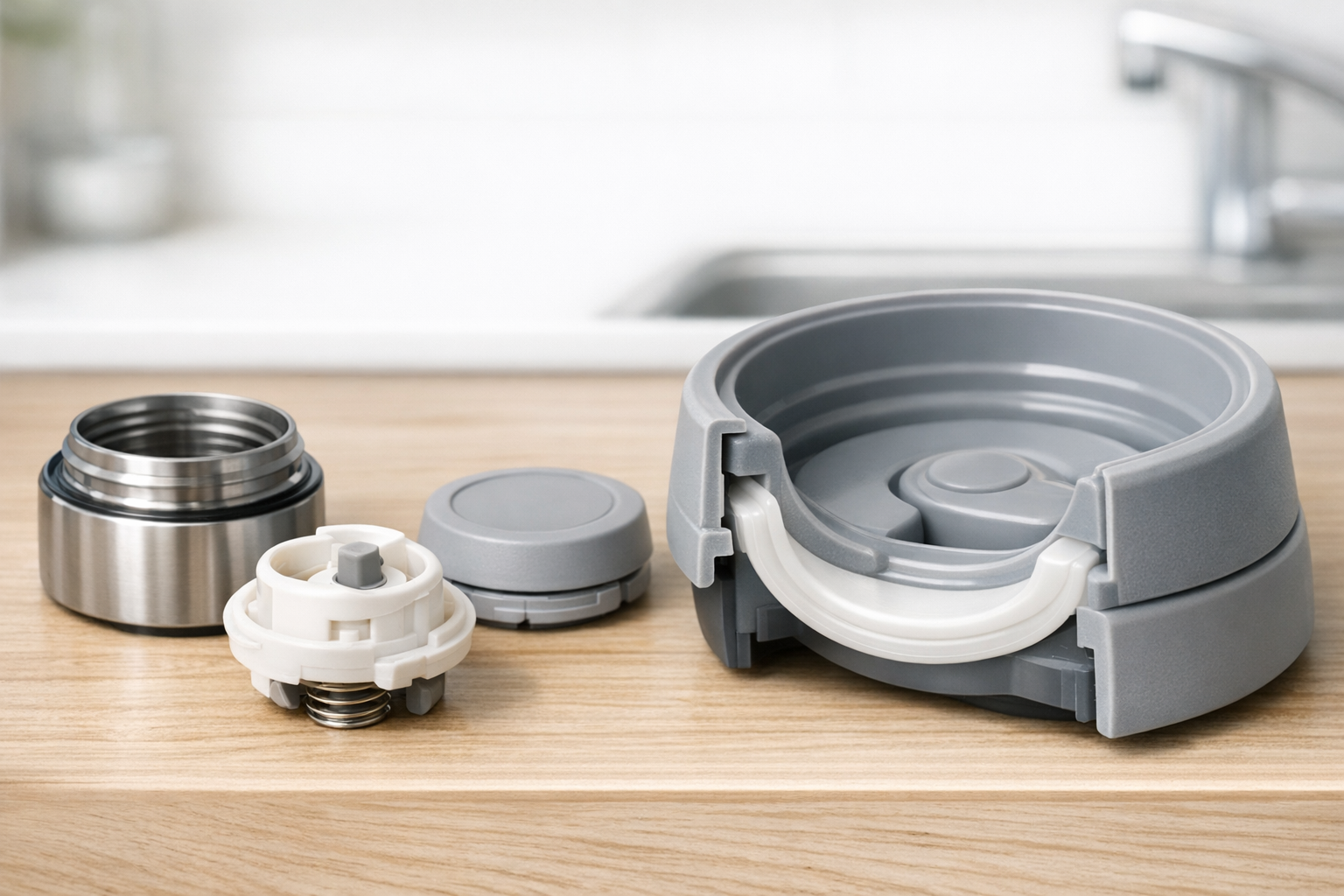 シームレスせんの分解図とパッキン一体構造のクローズアップ