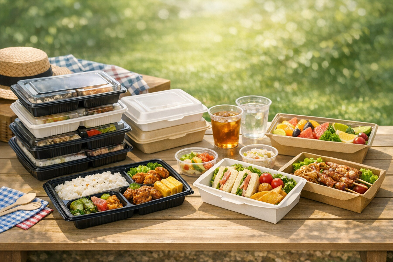 綺麗に詰められたセリアの使い捨て弁当箱と一緒に、楽しいランチタイムを過ごしているイメージ画像