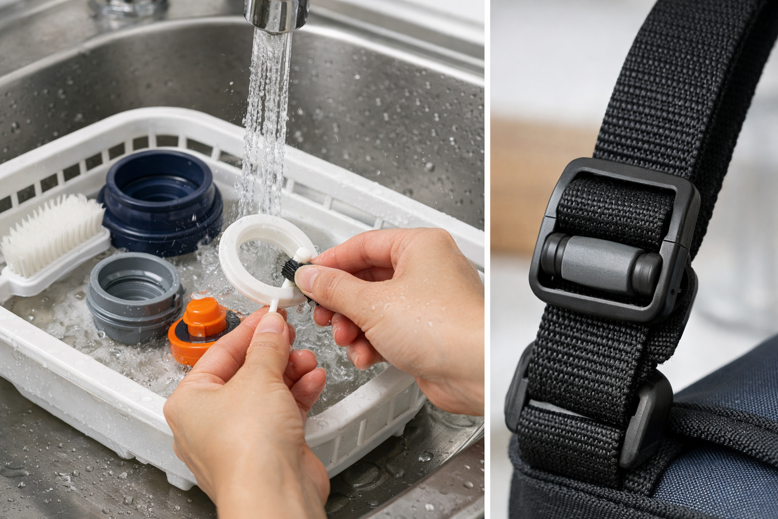 パッキンや中栓を分解して洗っている様子と肩紐のアジャスター部分のイメージ