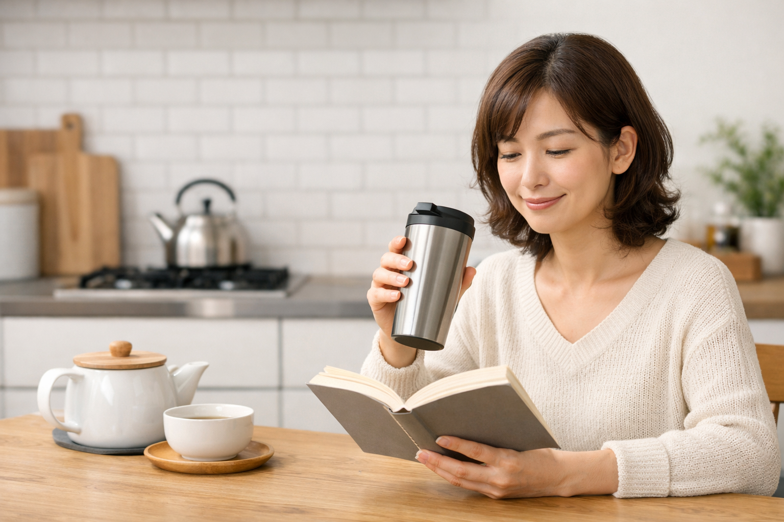 お気に入りのタンブラーでお茶を飲みながら、リラックスした表情で本を読んでいる生活の1コマ