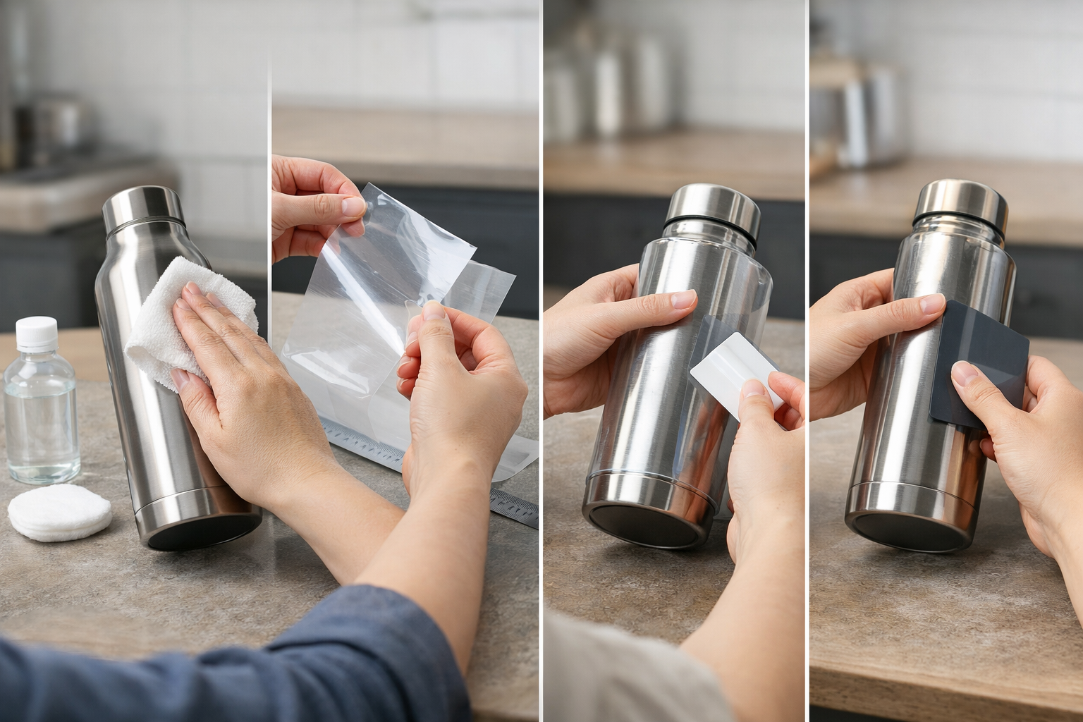 水筒にフィルムを貼る手順。脱脂から貼り付けまでのステップ