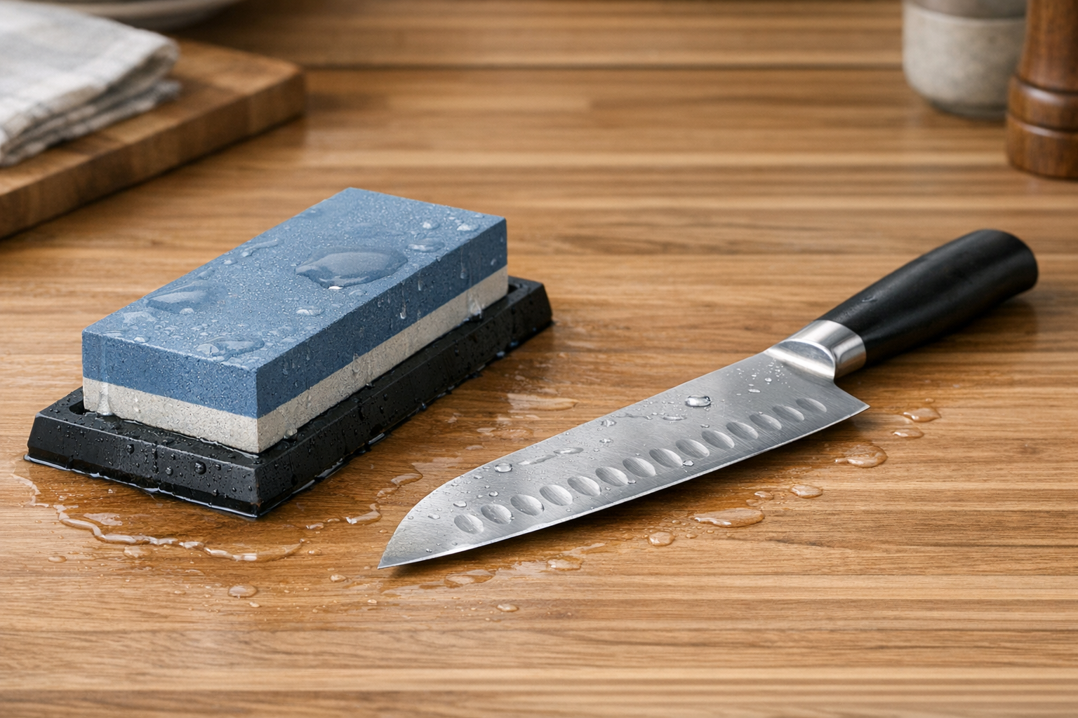 清潔な木製のキッチンカウンターに置かれた、水に濡れた砥石と美しく手入れされたステンレスの三徳包丁