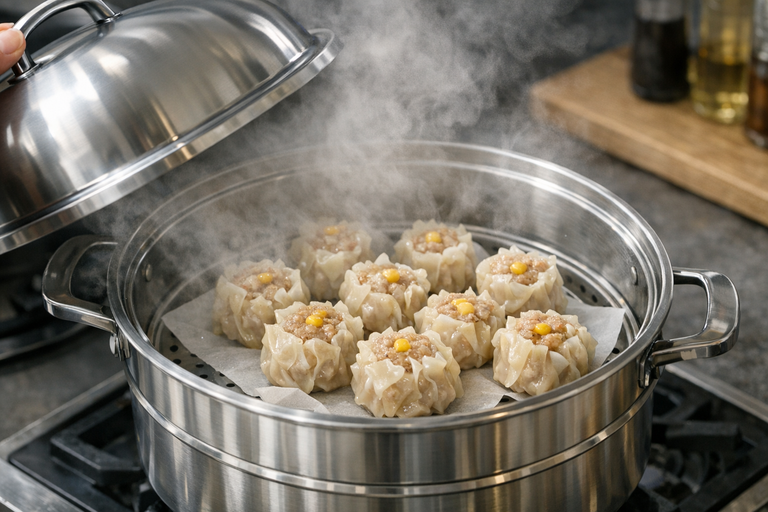 ステンレス製蒸し器の蓋を開けた瞬間、立ち上る湯気とともに美味しそうなシュウマイが現れる様子