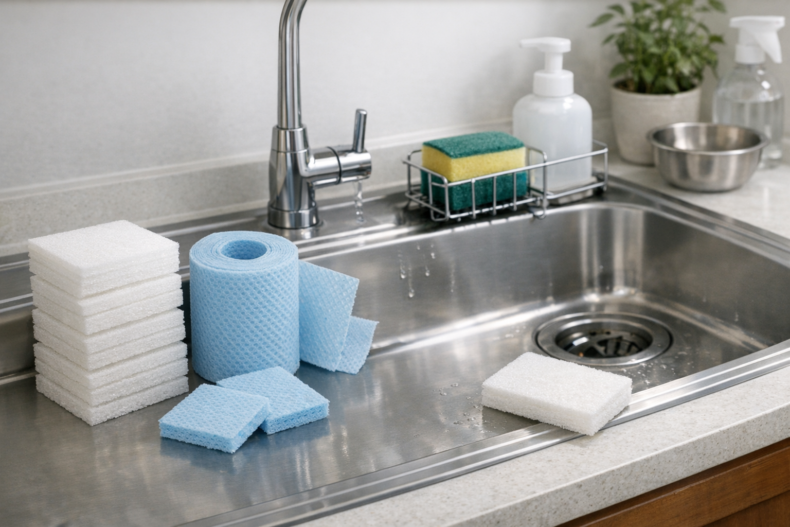 清潔に保たれたシンク周りと使い捨てスポンジ