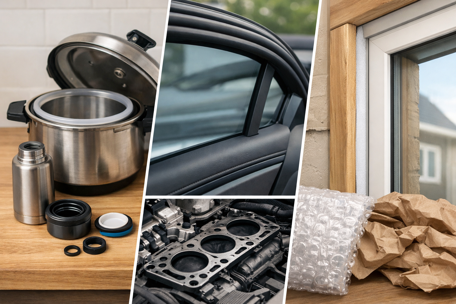 キッチン用品、車、住宅など、多様な場所で使われるパッキンの図解