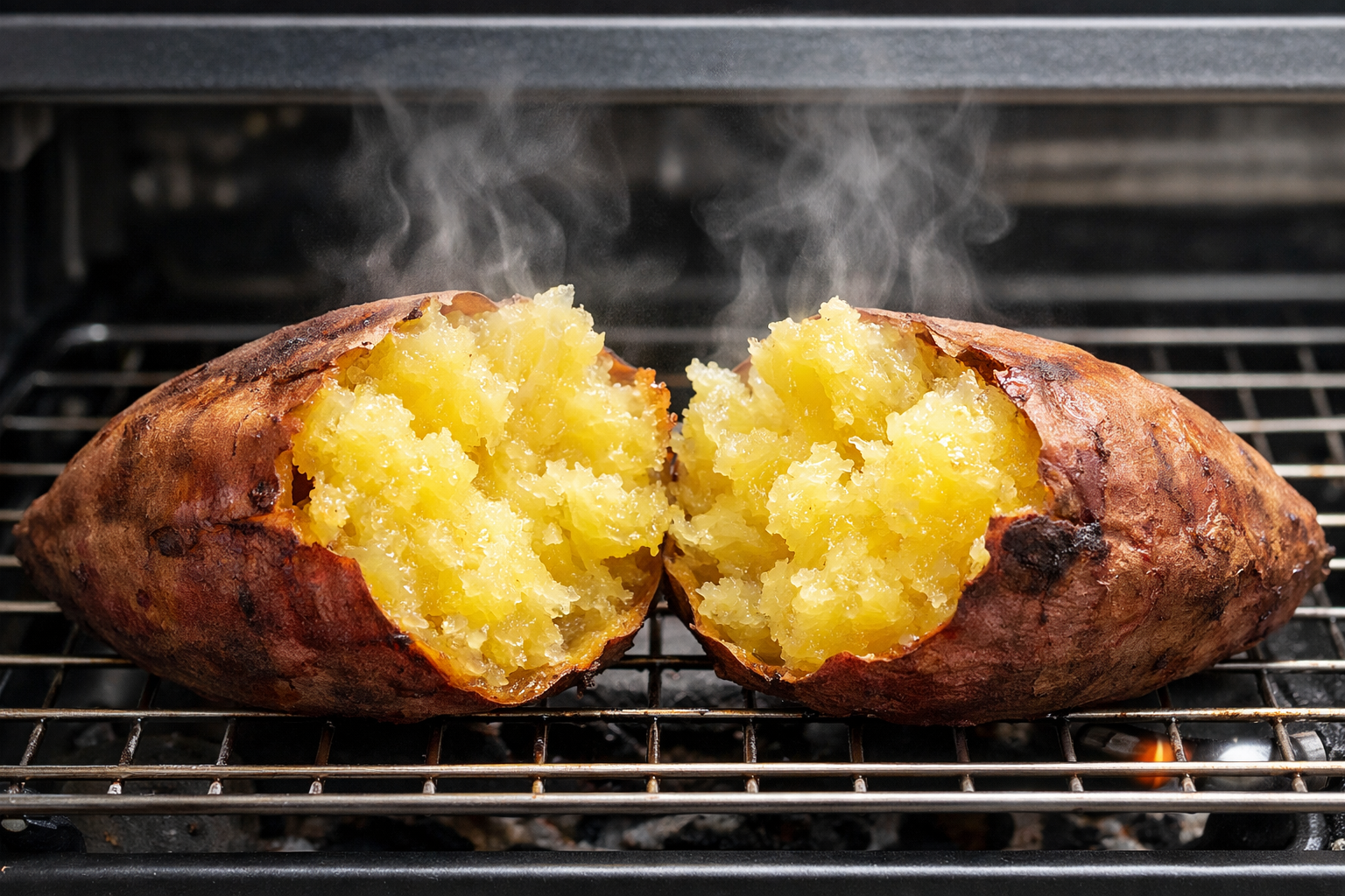 二つに割ったホクホクの焼き芋から湯気が出ている様子
