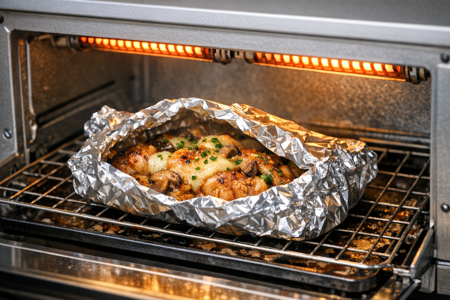 オーブントースター内でアルミホイルに包まれた美味しそうな料理が焼き上がっている様子