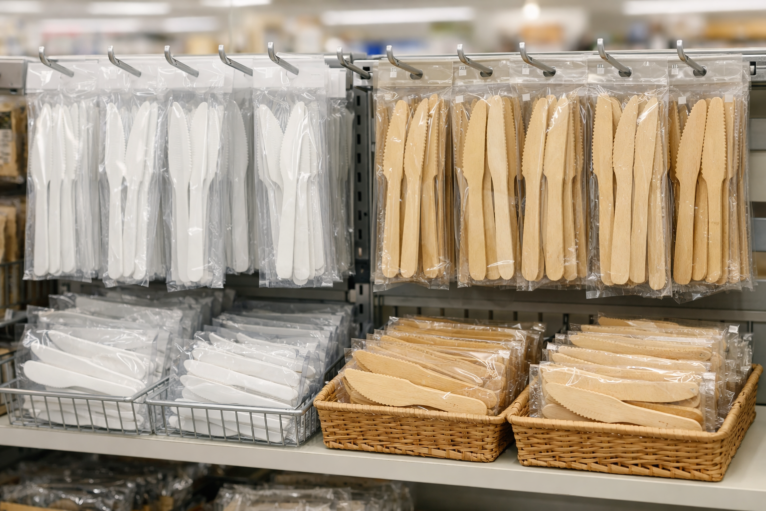 セリアの店頭に並ぶプラスチック製・木製ナイフの陳列イメージ