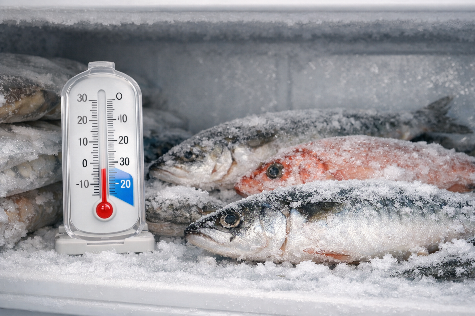 冷凍庫内の温度計と凍った魚の様子