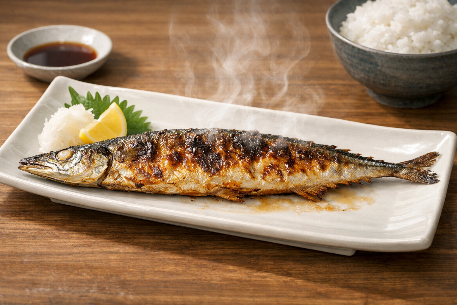 焼き上がった魚を皿に盛り付け、美味しそうに湯気が立っている様子