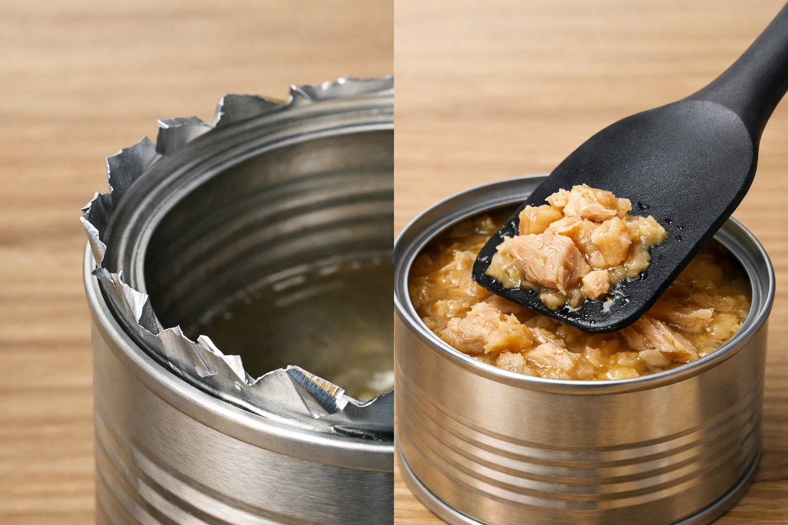 缶の切り口の鋭利な部分と、安全に中身を取り出すためのゴムベラ