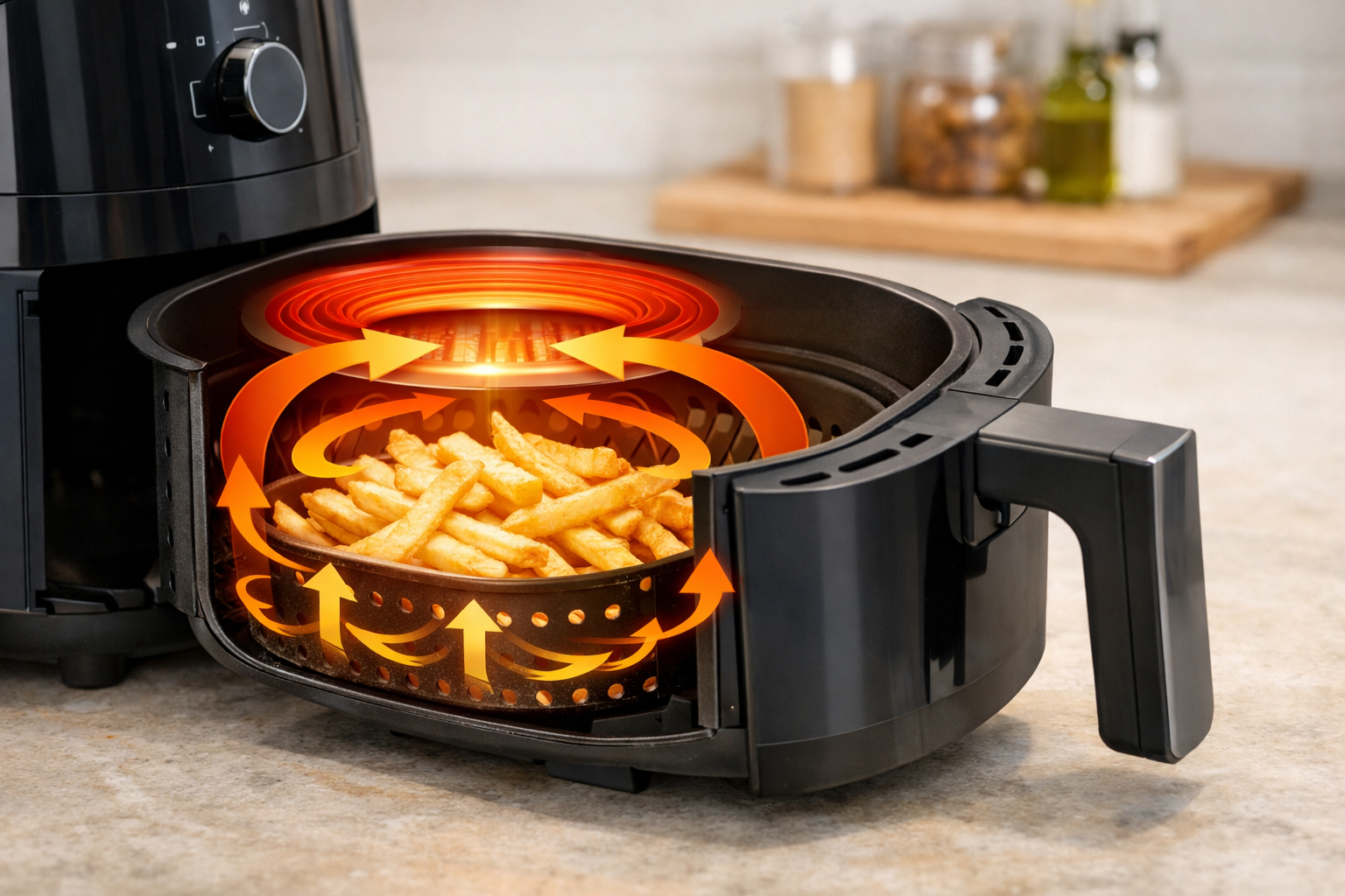 ノンフライヤーのバスケットを引き出し、熱風が循環する仕組みを説明する図解イメージ