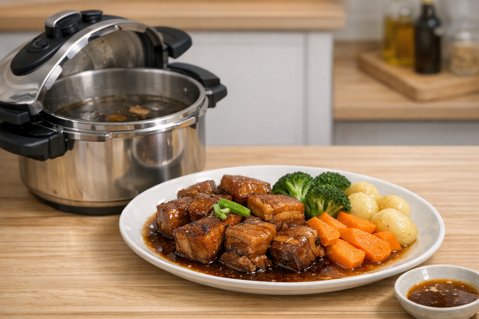 ティファールの圧力鍋で調理された美味しそうな豚の角煮と温野菜のイメージ