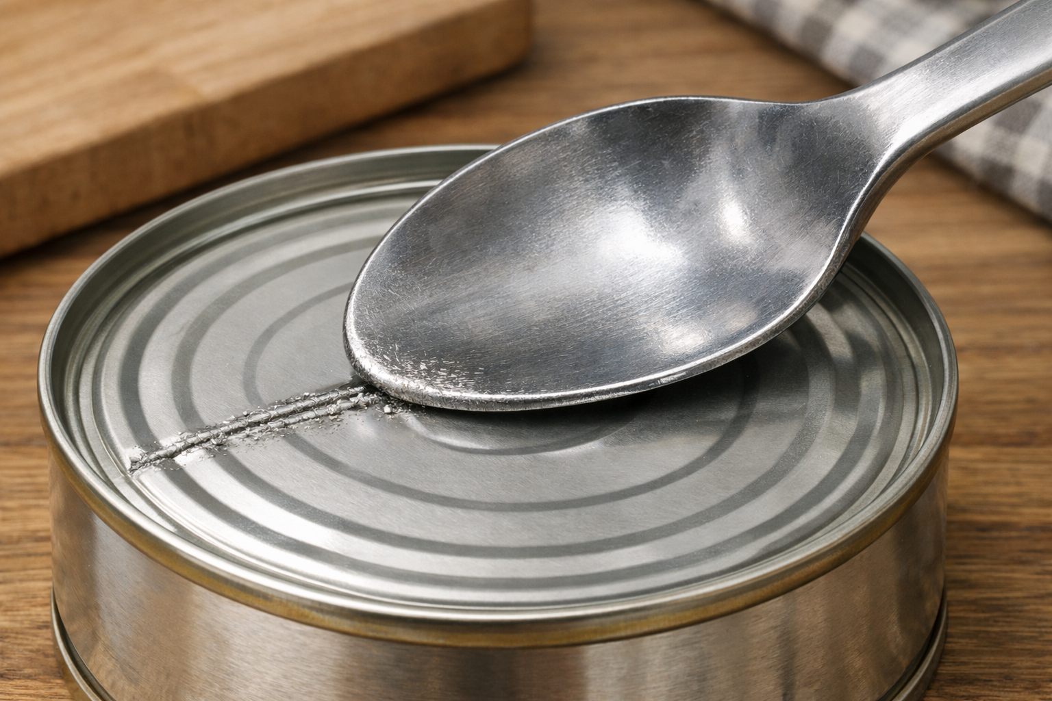 大きめで丈夫なスプーンの先端を、缶詰のフタの溝に強く押し当ててこすっている様子