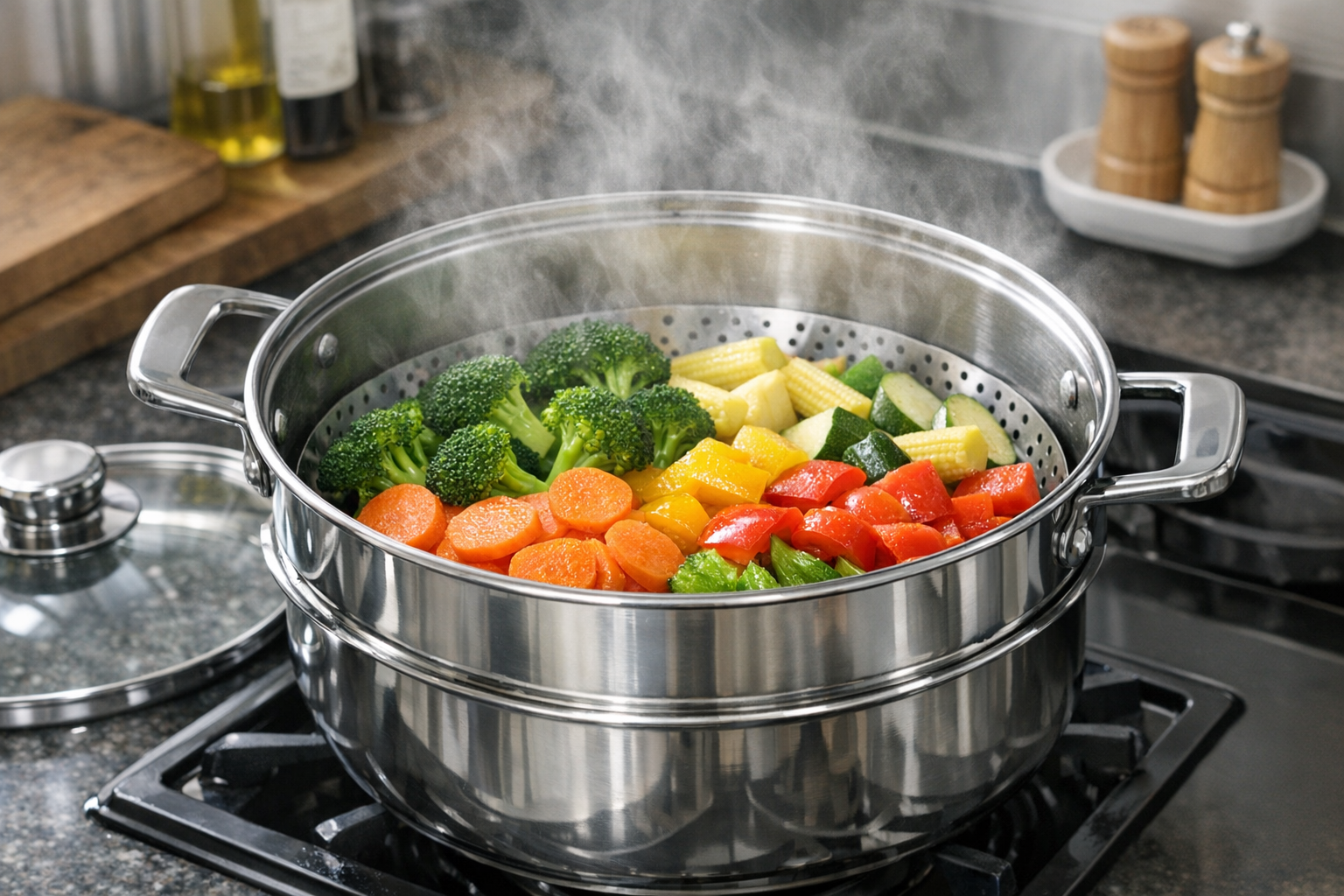 光沢のあるステンレス製蒸し器から湯気が上がり、色鮮やかな蒸し野菜が調理されている様子