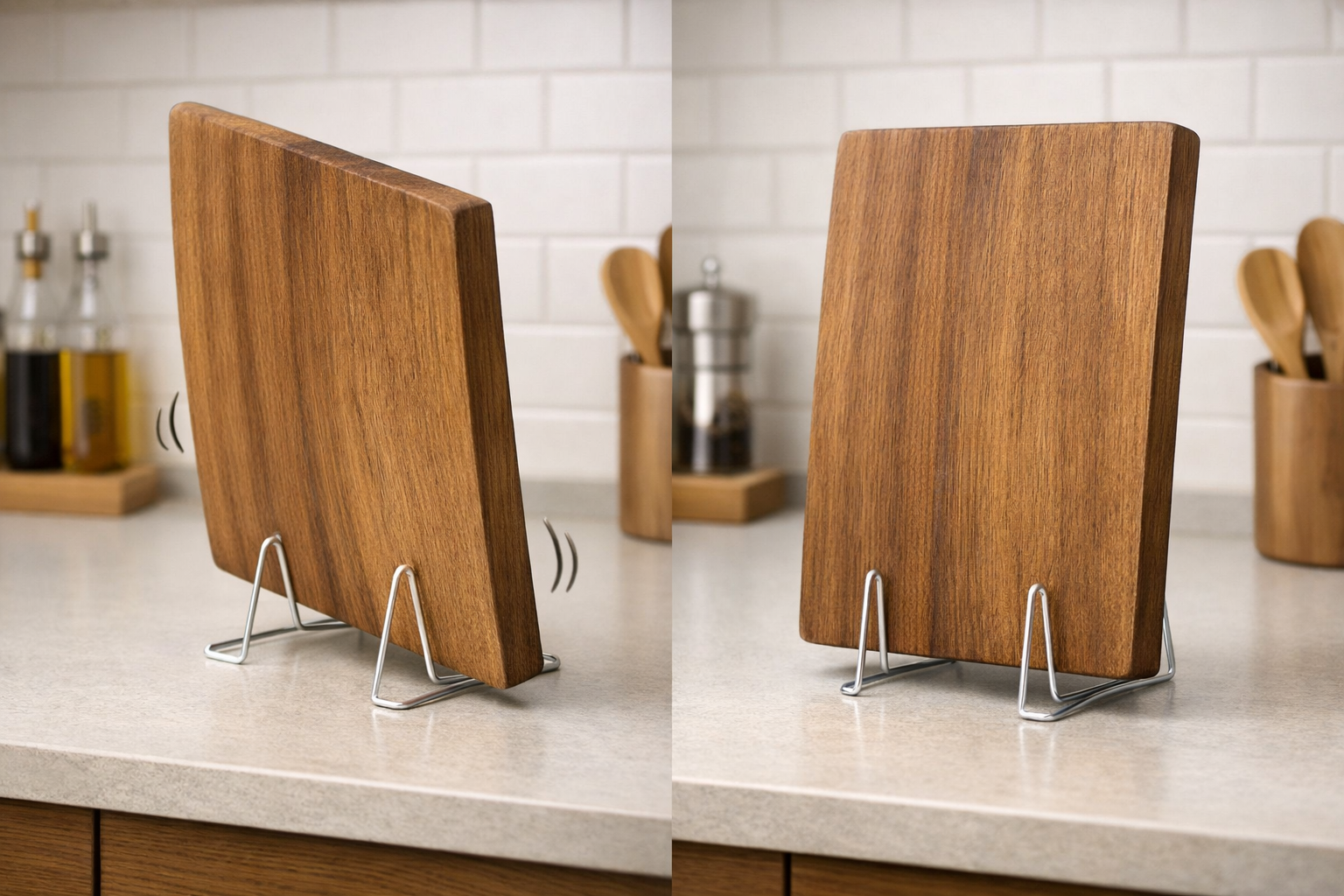 細くて軽量な100均のワイヤースタンドに、分厚く重い木製まな板を立てかけ、少しバランスが不安定になっている様子を示す比較画像