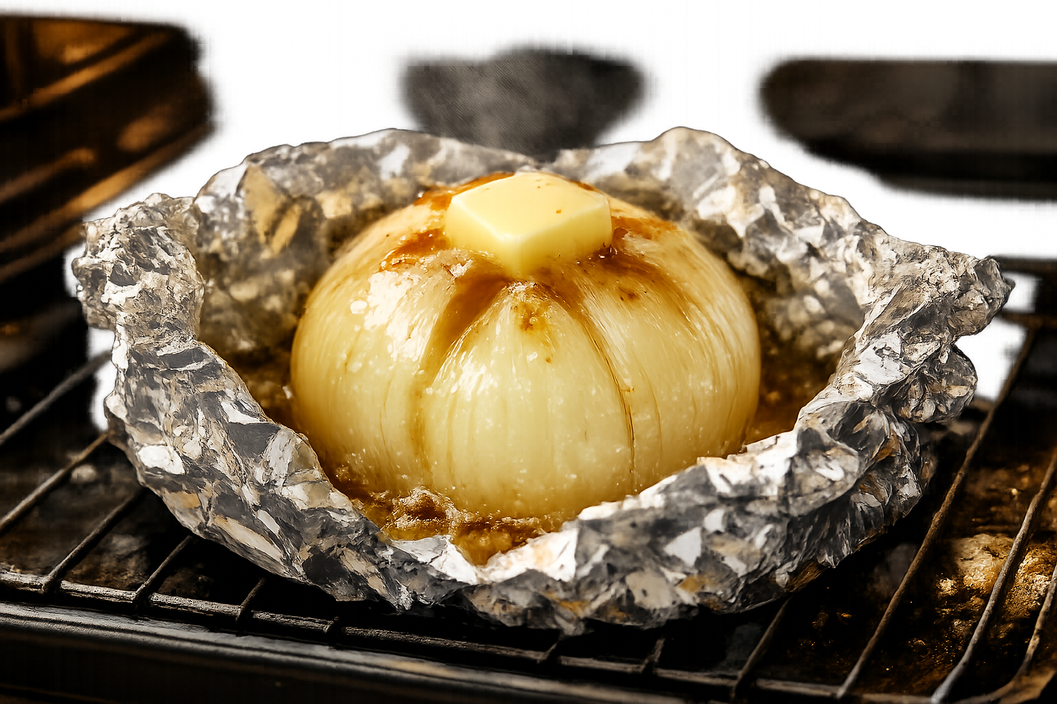 十字に切れ込みを入れた玉ねぎをアルミホイルで包み、バターを乗せて焼いている様子
