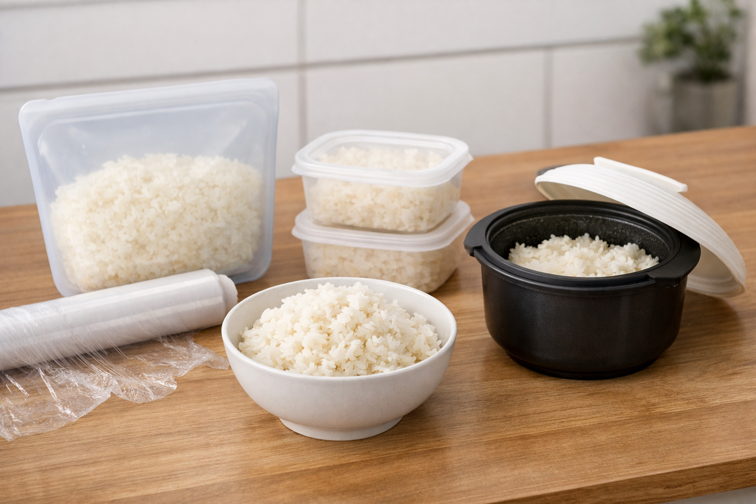 美味しく解凍されたご飯と、それを支える適切な保存道具の集合図