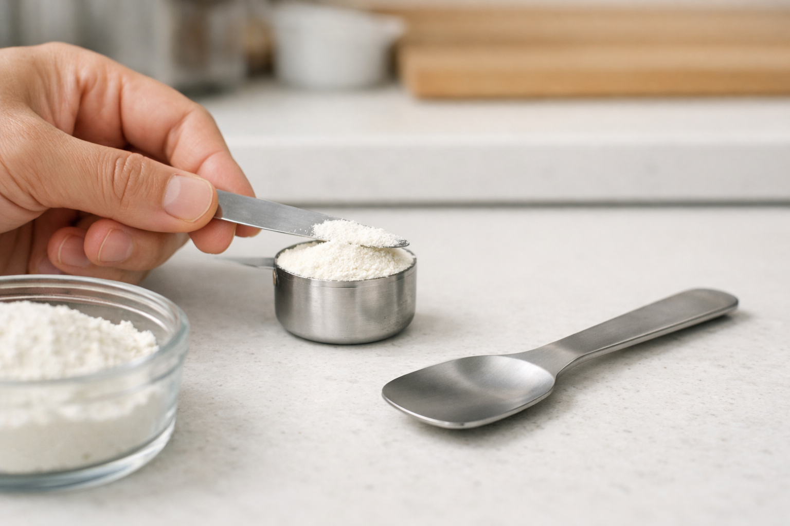 計量スプーンで粉末をすりきり計っている手元と、横に置かれたアイスクリーム用スプーン