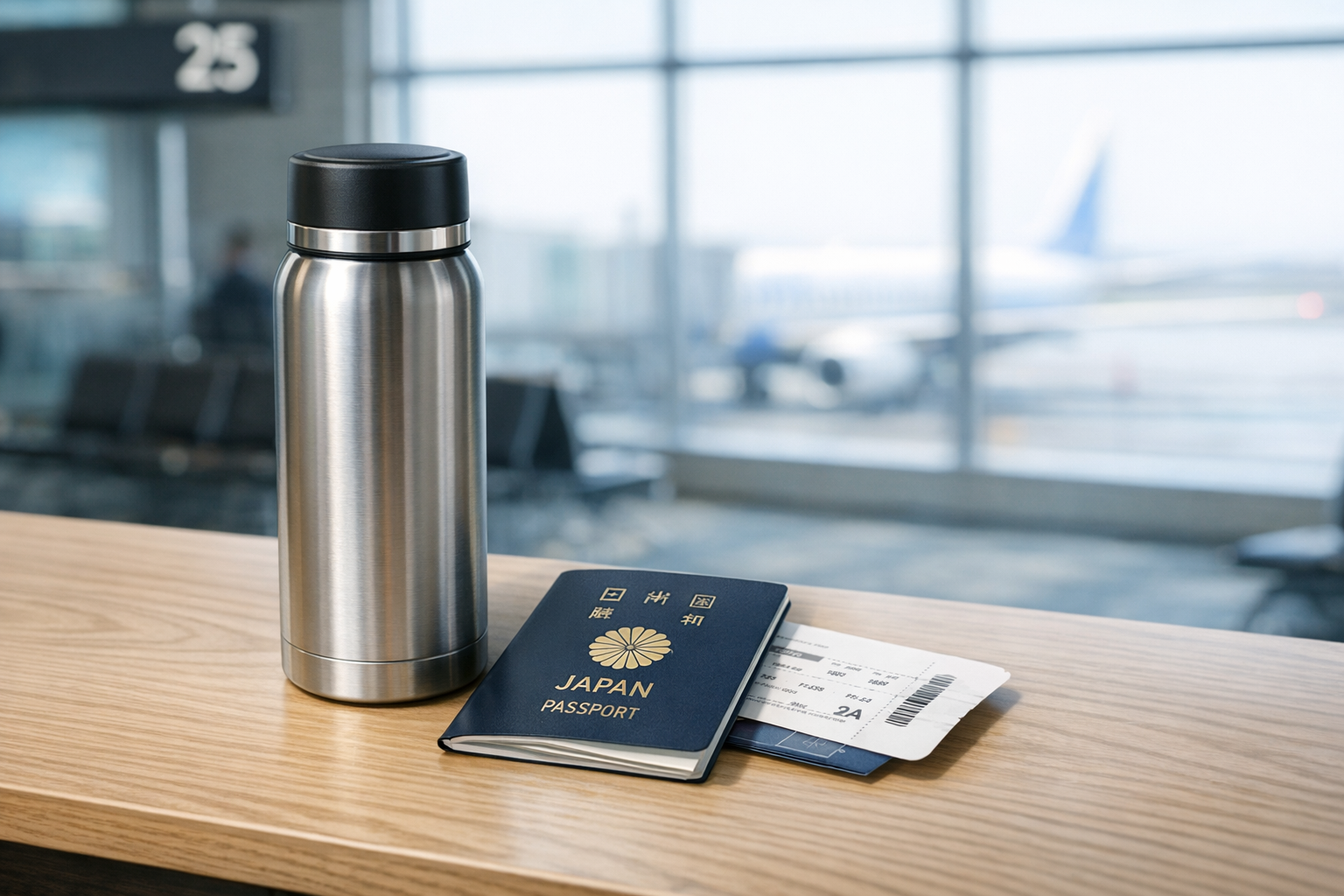 空港の搭乗口付近で、スタイリッシュなステンレス製の水筒とパスポート、搭乗券がテーブルの上に置かれている様子
