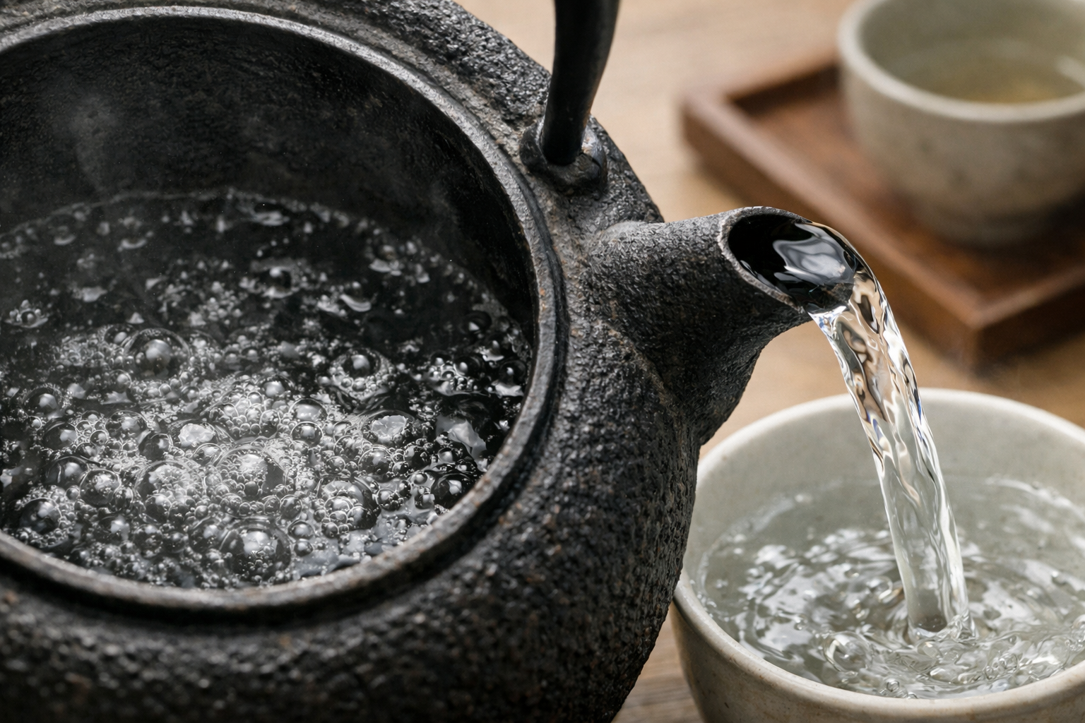 鉄瓶の内部と、そこから注がれる透明なお湯の接写