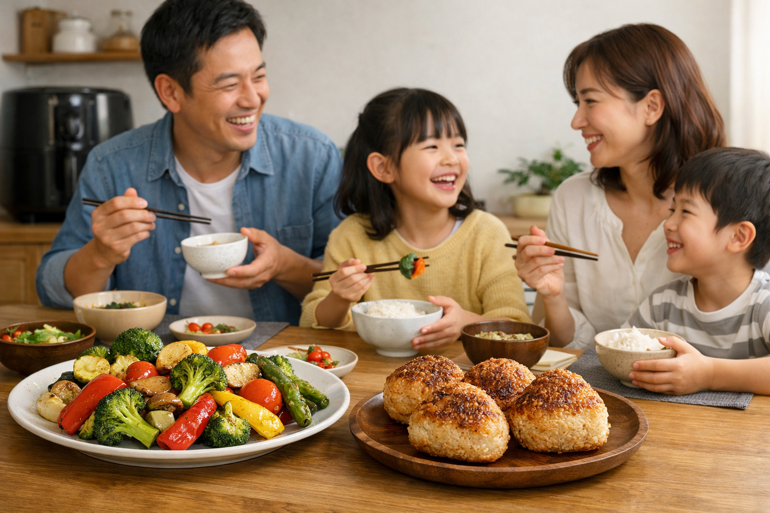 綺麗に盛り付けられたノンフライヤーで作った料理と、笑顔で食事をする家族のイメージ