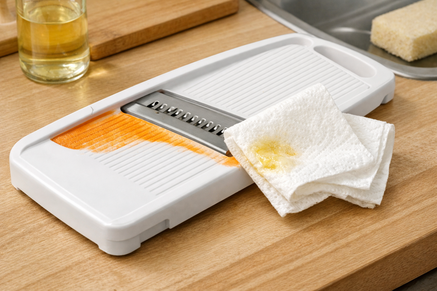 キッチンペーパーに少量のサラダ油を含ませ、プラスチック製スライサーのにんじんの色移り部分を優しく拭き取っているお手入れの様子