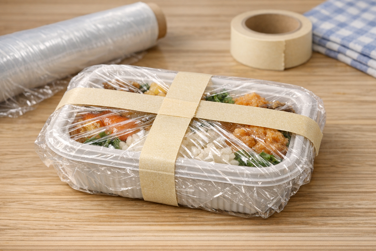 使い捨て弁当箱をラップで包み、さらにマスキングテープで蓋を固定している工夫の画像