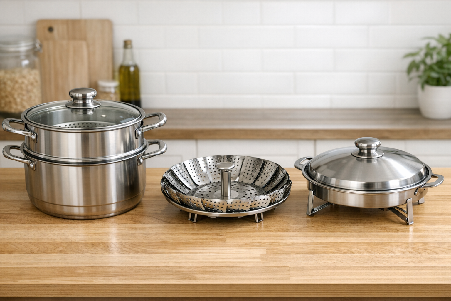 鍋付きタイプや折りたたみ式など、様々な形状のステンレス製蒸し器が並んでいる比較画像