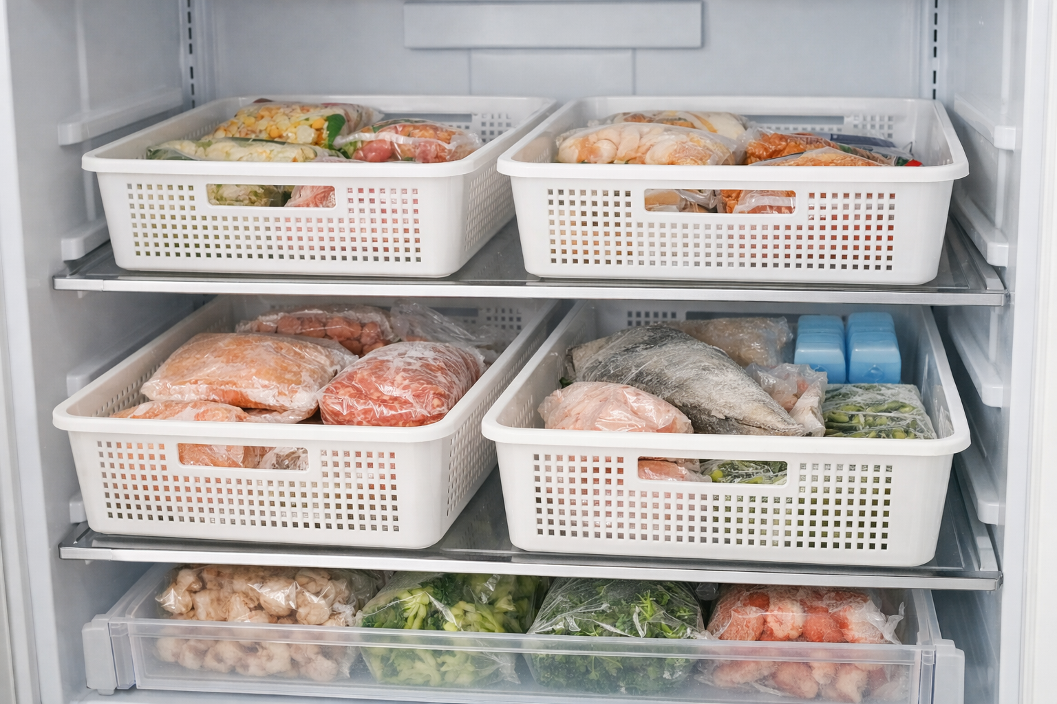 前開き式の縦型冷凍庫の棚に、100均の奥行きのあるプラスチックトレーが引き出しのようにセットされている様子