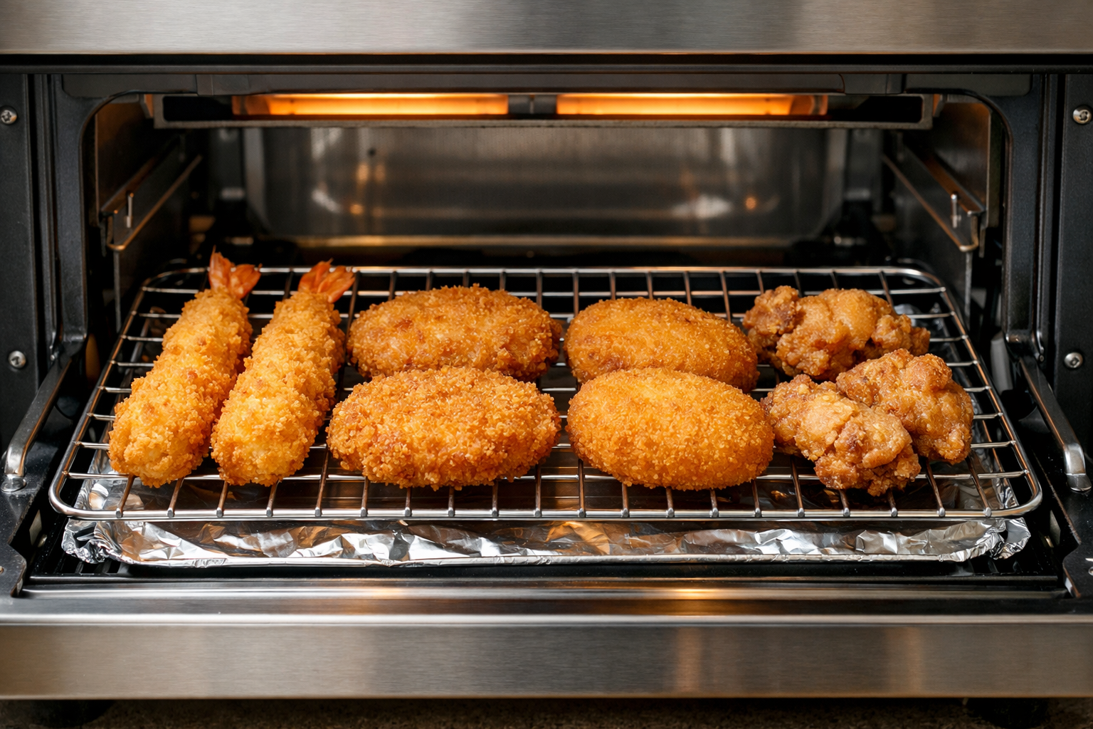 魚焼きグリル内の網の上に並べられた揚げ物の様子