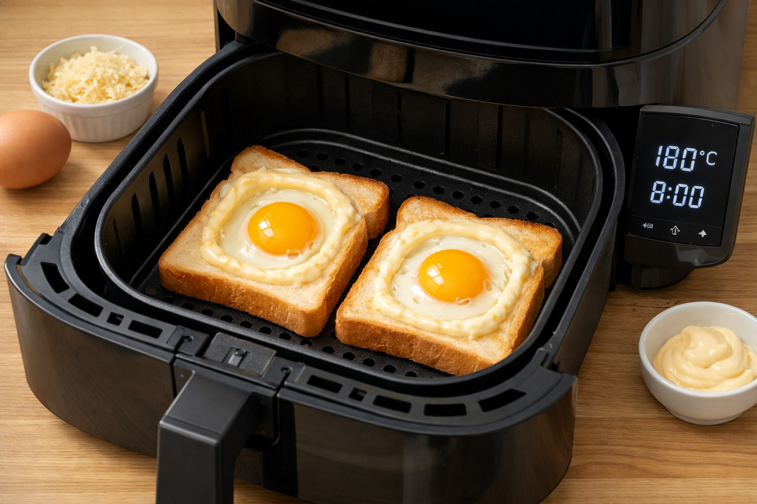 ノンフライヤーで作る目玉焼きトーストの調理工程