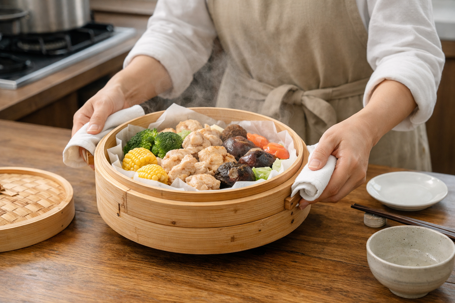 蒸し上がった熱々の料理をせいろごと食卓へ運ぶシーン