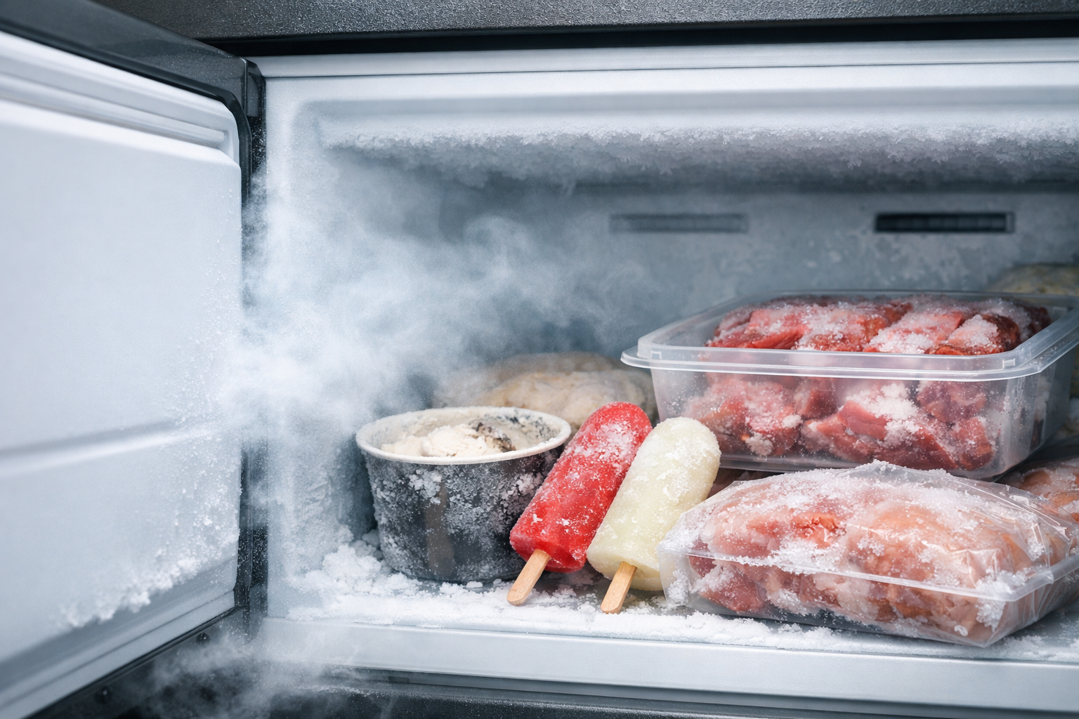 冷凍庫の隙間から冷気が逃げ、中のアイスや肉の状態を確認する様子