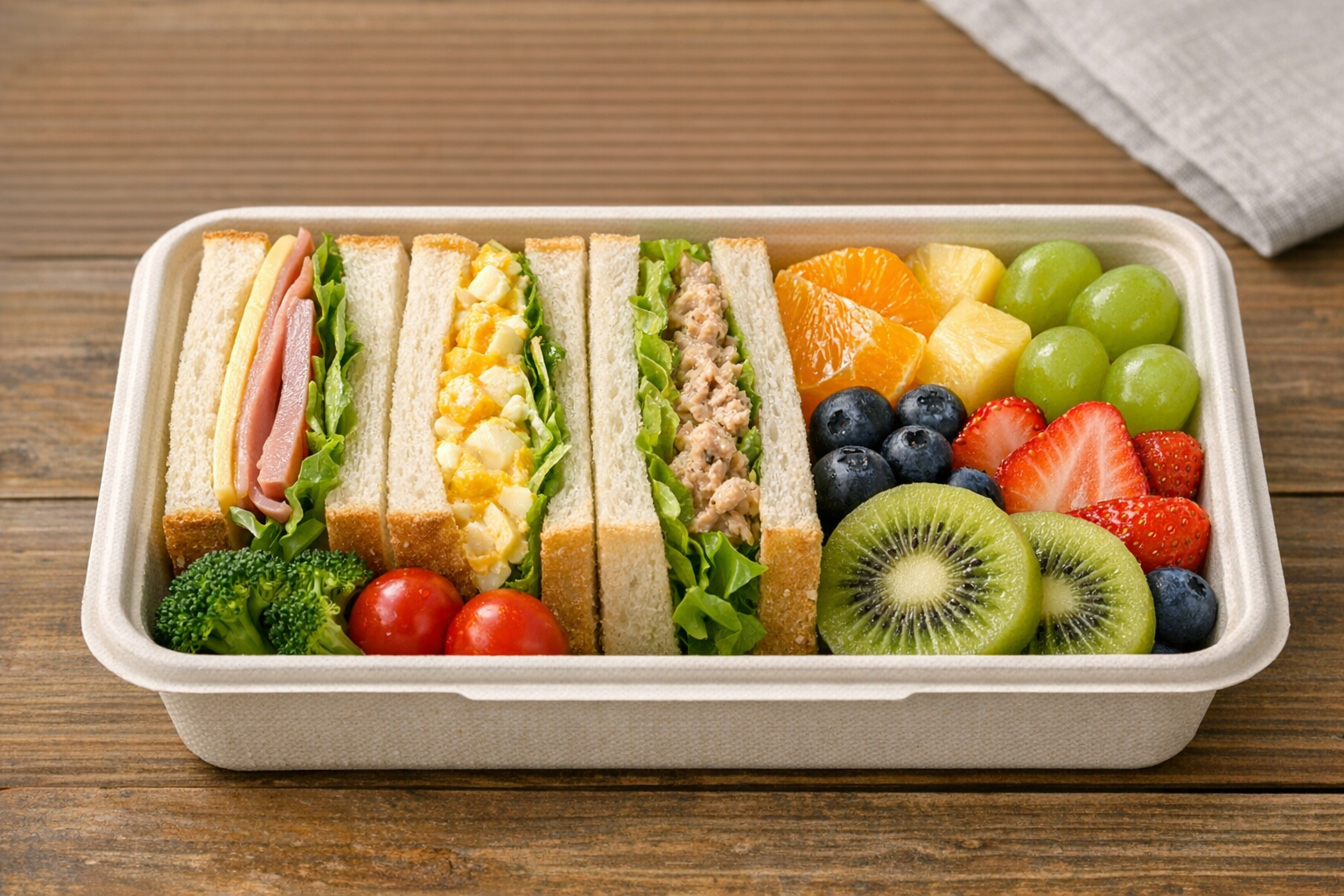 セリアの正方形のランチボックスにサンドイッチとフルーツがバランスよく詰められた様子