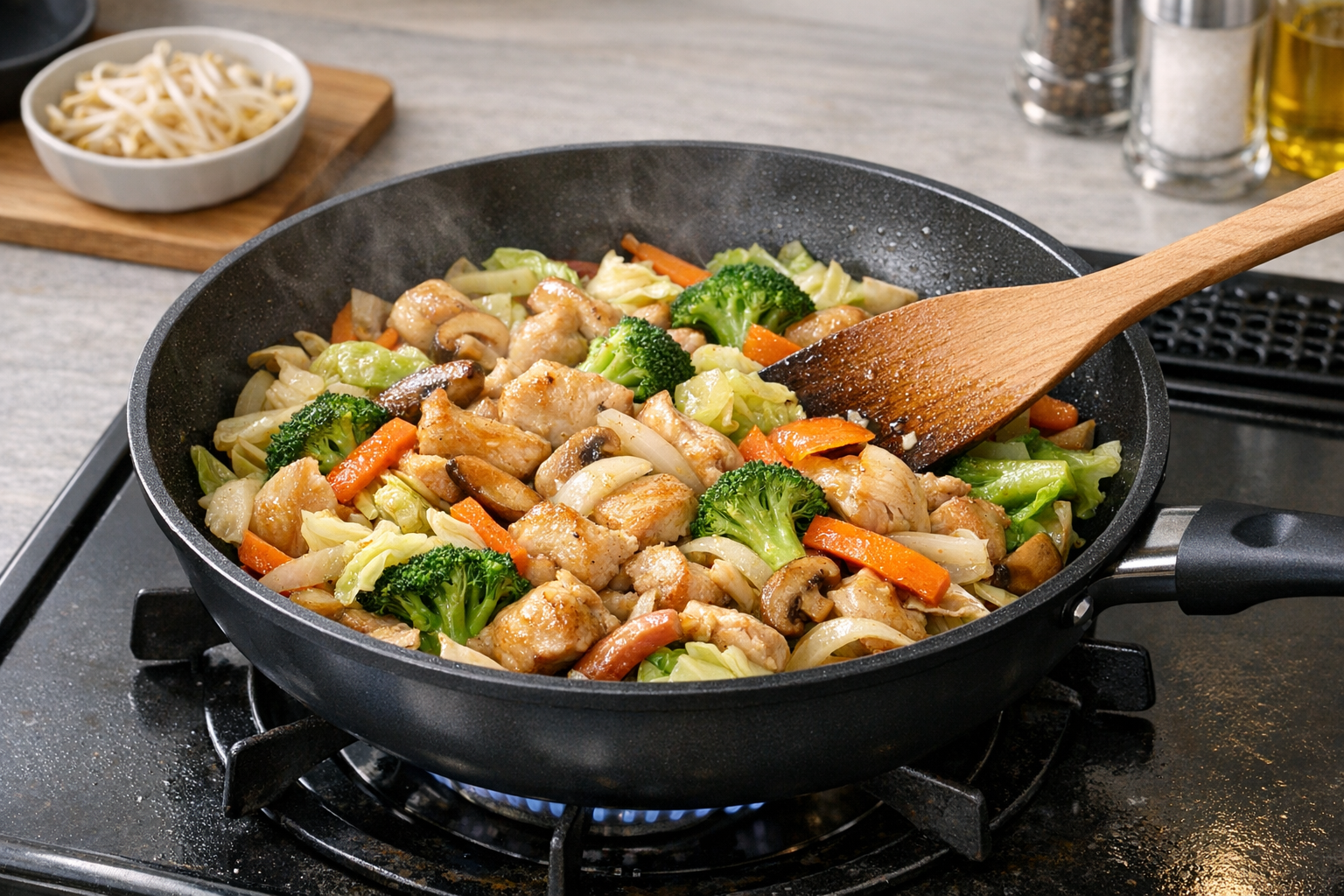 2人分の肉と野菜を26cmのフライパンで炒めている様子