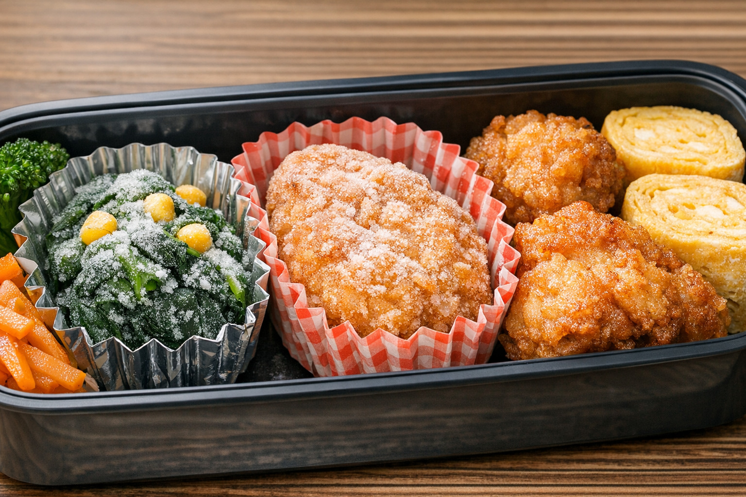 お弁当箱の中で仕切りカップを使って冷凍食品を配置するコツ