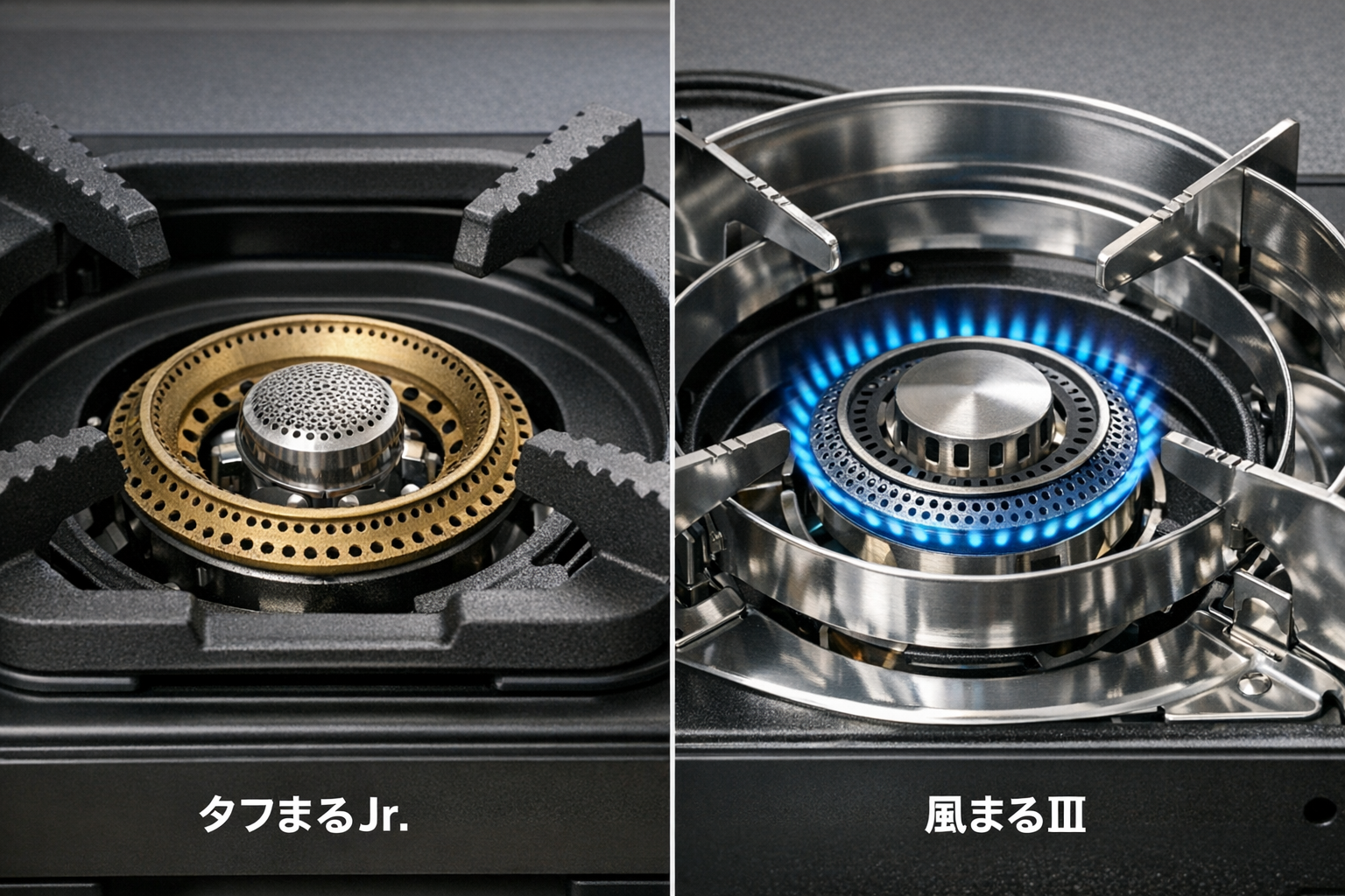 構造比較：イワタニ「タフまるJr.」と「風まるIII」の五徳部分とバーナーのアップ写真