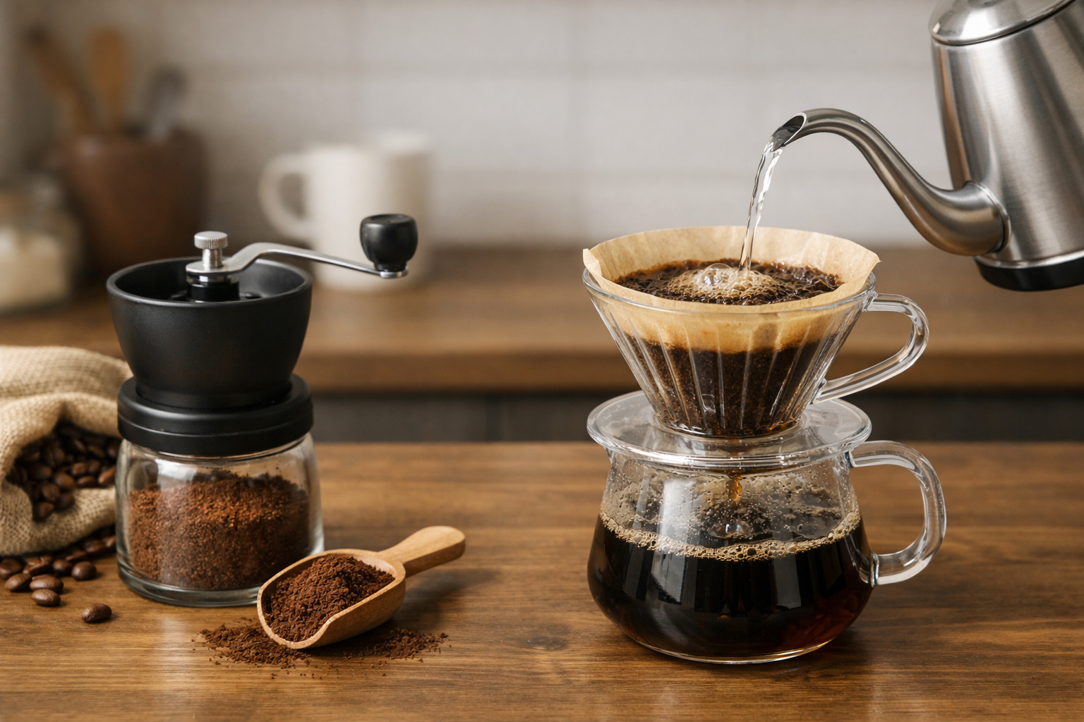 適切な粒度で挽かれたコーヒー粉にお湯を注いでいる様子