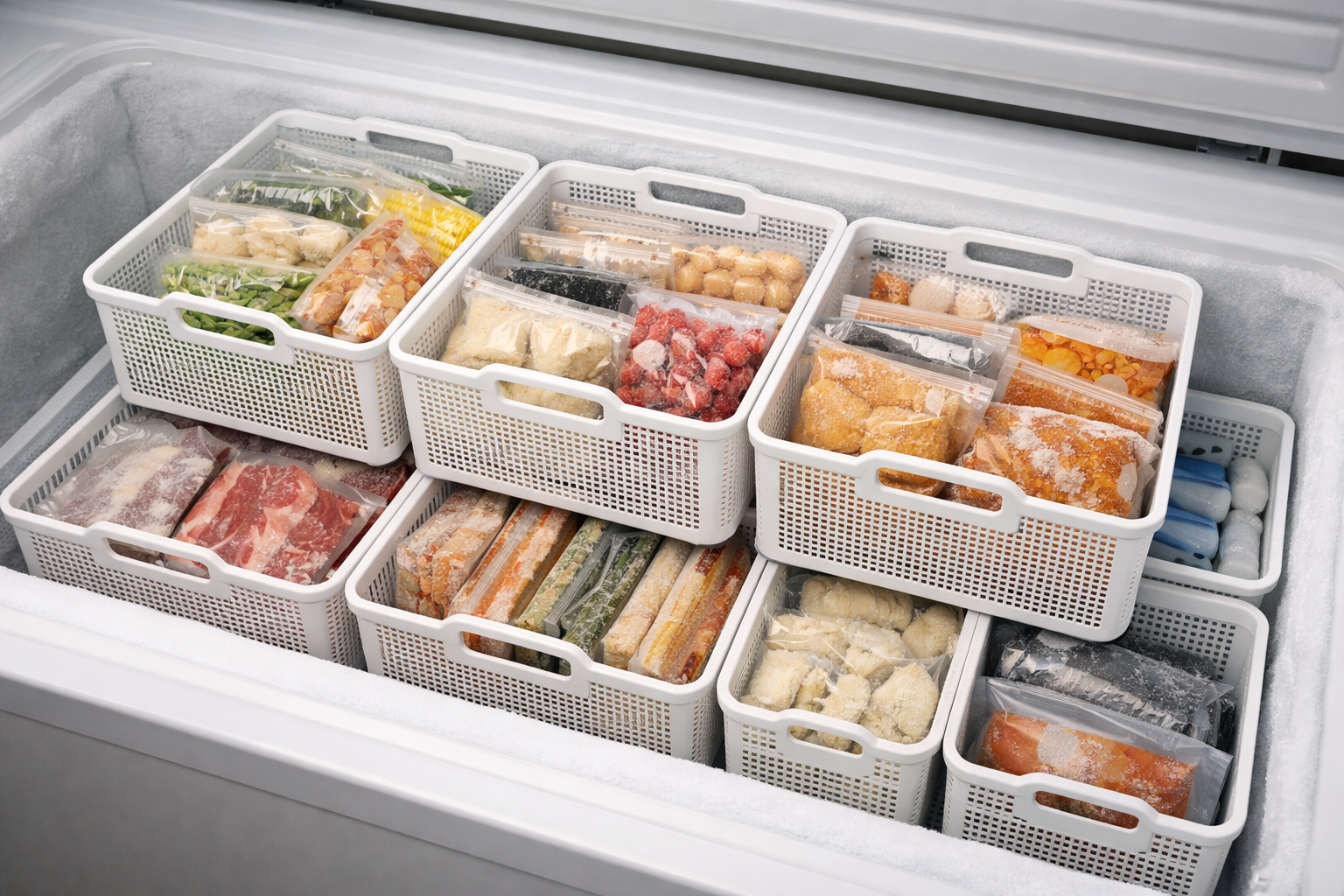 上開き(チェスト型)冷凍庫の中に、100均の取っ手付きメッシュカゴがパズルのように組み合わされて層を作っている様子